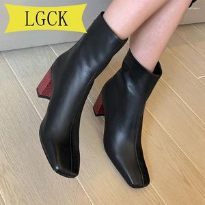 Botas plus size 34-43 moda feminina tornozelo sapatos de salto grosso feminino est quadrado toe senhoras sapato marca mulher zíper outono