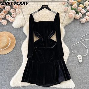 Casual Dresses French Vintage Velvet Ruffle Dress for Women's Spring Autumn Fashion Pärled Rund hals Midlängd sjöjungfrun Vestidos