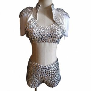 sparkly Full Rhinestes Bikini White 3 Pieces Set Sexy Stage Outfit Female Nightclub Bar Costume Dance Team Jazz Dance Clothes v3R0#