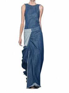 FI denim Dr Woman Oregelbundet LG Dr Women Sleewel Maxi Dres för kvinnor 2024 Casual Plain Spliced ​​Dres C1wx#