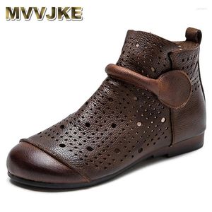 Casual Shoes Women Boots Vintage Natural Genuine Leather Rubber Soled Summer Hollow Flats Ankle ZIP Breathable Retro