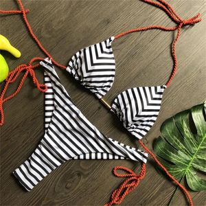 Mulheres Swimwear Geométrica Listrada Biquíni Corda Sexy Triângulo Maiô Backless Halter Split Tendência Mulheres Praia Banheira Terno Micro Thong