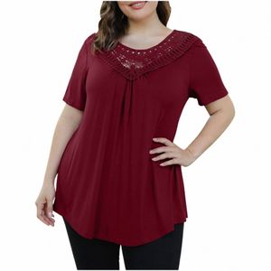 Além de Szie Ladies Plus Size Tamanho Top Top Color Sólida Costura de Lace Roul