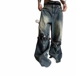 Hip-Hop Hole Jeans Uomo Donna Vintage gradiente pantaloni di jeans dritti Wed Distred cintura Trim Pantaloni Street Baggy svasato Pant o3di #