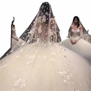 1 Tier Lg Wedding Veil With Pearls Elegant Wedding Veil Lace Appliques Floral Luxurious Cathedral Crystal Veil with Comb e1YE#