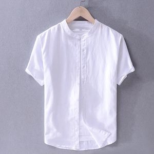 MENS bomullslinne Kort ärmskjorta Stand Colle Linen Plain Casual Shirt Literary Linen Shirt Men 240320