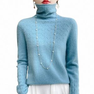2024 Nowy jesienny i zimowy sweter dla kobiet w połowie wysokiej szyi w połowie SWEATER LG-SLEEVED 100% wełniany wełniany pocany pot M8by#