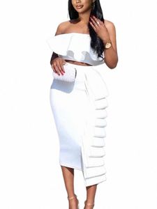 Chic Dr Sets Plus Size Curvy Frauen Tube Tops Rüschen Hohe Taille Rock Set Slim Fit Party Club Geburtstag Weiß 2 Stück Outfits F5xS #