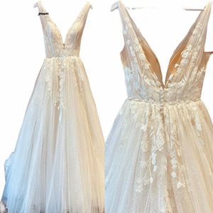 lakshmigown Champagne V Neck Lace Appliques Wedding Dr 2024 with Shiny Tulle Vestidos Garden A Line Backl Bridal Gowns s3b6#