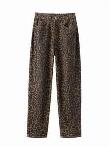 Leopardo cintura alta jeans perna larga calças largas streetwear calças y2k fi 2024 versátil solto calças jeans mãe jeans r9ls #