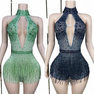 Sexig halterpoldans outfit svart strass fransade bodysuit kvinnor nattklubb dj ds scen rave kläder xs7484 h7ao#