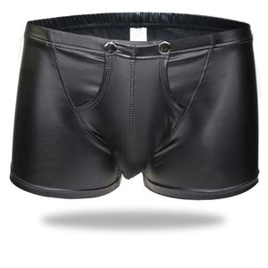 Plus Size Sexy Homens Boxers Virilha Aberta Faux Lingerie Estágio U Convexo Bolsa Preto Patente De Couro Boxers Shorts Cueca XXL 240328