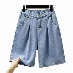 Plus size simples calças jeans retas femininas clássico all-match elástico cintura alta na altura do joelho jeans rua casual quinta calças g751 #