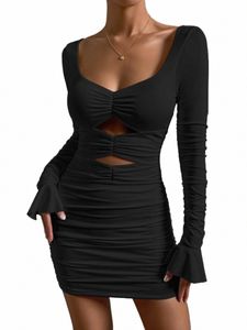 sexy V-neck Lg Sleeve Dr Women's Backl Hold Pleated Slim Dr Best-Selling Autumn Winter 2024 f9Cf#