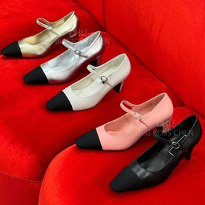 Top quality Silver square toe Mary Jane Chunky heels sandal strap pumps heels shoes High-heeled dress shoes Luxury designer sandals Factory footwear With box