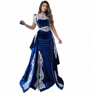 Marockan Caftan Evening Dr Applicques Lace Cap Sleeve Royal Blue Mermaid Slit Veet Arabic Prom Clowns Party Dr 2023 W8KU#