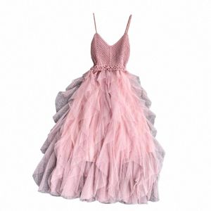 الصيف Summer Sling Sling Gauze Tulle Dr Women Knit V-Deec Sexy Backl Lg Dres Sweet Mesh Pink Party Dr Vestidos S760#