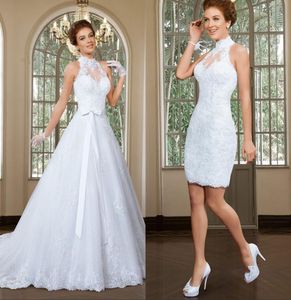 Fabelhaftes 2-in-1-Hochzeitskleid mit hohem Kragen, Applikation, Tüll, Perlen, Spitze, A-Linie, Brautkleid, Vestido De Noiva9302537