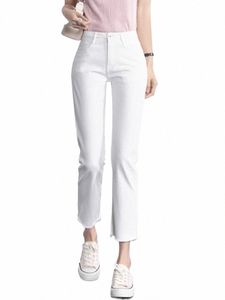 Hög midja Solid White Women Jeans Wed Zipper Fly Ankle Längd Denim Pants pojkvän rak ben damer casual jeans höst c8nl#