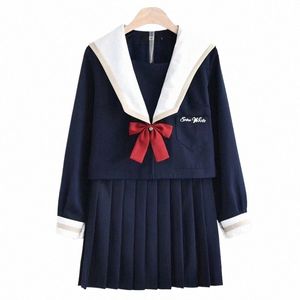 nova chegada JK Uniform Set Bordado Bonito Estudante Japonês Sailor Collar Lg-manga Blusa Arco Saia Plissada Cor Azul Marinho l0FK #