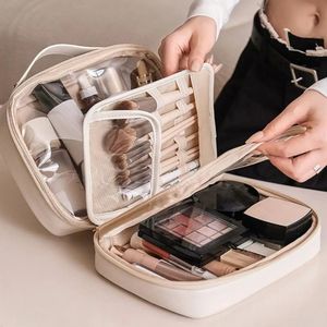 Resor Makeup Bag Waterproof Double Layer Stora kapacitetsfack Kosmetik med handtag Stylish Organizer för kvinnor 240328