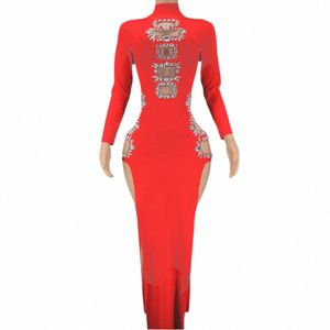 multicolorido Hollow Out Shining Rhinestes Sexy High Slit Dr Para Mulheres Evening Prom Roupas Stage Costume Singer Wears s7wF #
