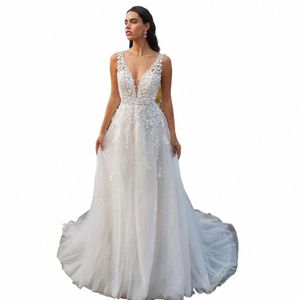 Abito da sposa moderno per donna Sleevel Backl sexy A-Line Abito da sposa in pizzo Applique Sweep Train abiti da sposa L9fy #