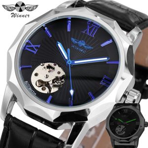 Gewinner Blau Exotische Zwölfeck Design Skeleton Zifferblatt Männer Uhr Geometrie Top Marke Luxus Automatische Mode Mechanische Watch213N