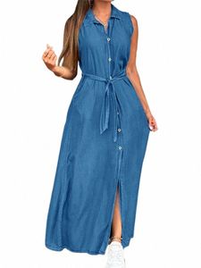 プラスサイズの女性denim lg dres zanzeaカジュアルな滑り響を襟タイタイ腰マキシドレスfi butts up bestidos i8oi＃