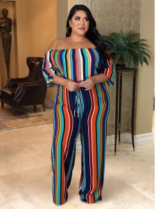 Bottoms Plus Size Women Clothing 2022 Sexy Off Off a strisce per spalla Stuita su pantaloni larghe gambe abita