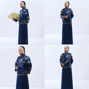 Official of Qing Dynasty Cotton Linen Jacket+ Long Gown Rich Young Master Costume Men Performance Old Shanghai Tang Fine Workmanship2024