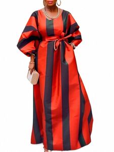 Plus Size 5xl Vonda Women Elegancki LG Dr Stripe Printed Maxi Sundr Casual LG Lantern Sleeve Lose Belted Party Vestido V05H#