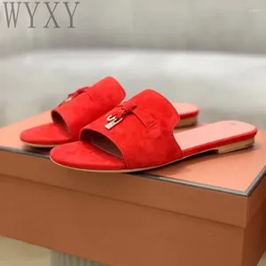 Slippers Summer Suede Tassel Lock Women Slides Open Toe Round Candy Color One Strap Outdoor Dress Flat Mulers