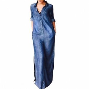 donna A-line Denim Dr Mezzo monopetto Denim Dr Bohemian Maxi Dr con colletto rovesciato in denim Orlo diviso per l'autunno h0xC #