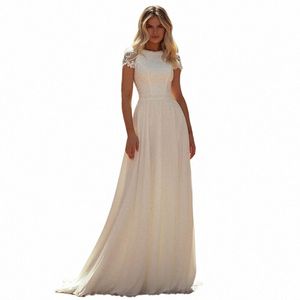 elegante A-Line Wedding Dr Donna manica corta in pizzo Illusi Back O-Collo Applique Boho Abito da sposa Sweep Train Vestido De Noiva D7hr #