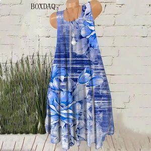 Casual Dresses Floral Mönster Kvinnor ärmlös 3D Flower Printing Tie-Dye Ladies Blue Dress Round-Neck Loose Street Mini