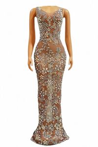 Plum Blossom Sexy Car Model Skin Color Full of Diamd Pearl Mesh Perspectiva Alta Elasticidade Night Club Performance Clothing B6kk #