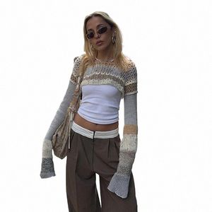 Vintage Grunge Sticked Crop Top 2000 -tal Kvinnor Randig LG Sleeve Sweater Fairycore Clothes E Girl T Shirt Knitwear H5Br#