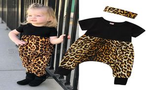 Baby Mädchen Overall Anzug Kleinkind Mädchen Freizeitkleidung Onesies Sets Mädchen Leopard Kurzarm Stich Overall mit Haarschmuck 38785197