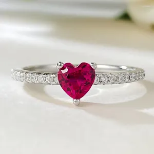Cluster anéis amantes coração rubi diamante anel real 925 prata esterlina noivado casamento banda para mulheres nupcial promessa jóias