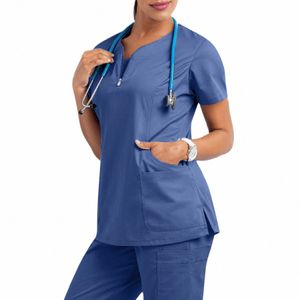 Mulheres manga curta esfrega topos sólido enfermeira uniforme com decote em v bolso cuidados trabalhadores camiseta topos clínica beleza sal roupas de trabalho d79n #