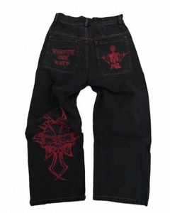 Y2K Jeans per uomo Street Skull Lettere Ricamo Pantaloni Allentare Fit Jeans dritti Jeans larghi per uomo b4mU #