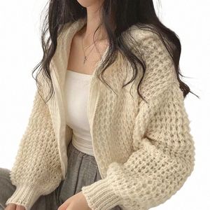 hooded Cardigan Sweater for Women Lg Sleeve Zip Up Knitted Crop Sweater Autumn Winter C1G6#