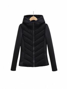 Traf 2023 Winter Fi Croped Patchwork Hooded Slim Warm Cot Coat LG Sleeve Zipper Female Outerwear Chic Topps F5FU#