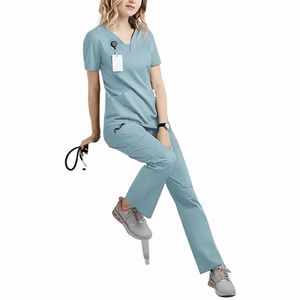 Elasticitet Cott Spandex Body Nurse Uniform för kvinnor Män Scrubs Passar Dental Hospital Set Work Wear Beauty Sal Clothing E5DN#