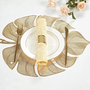 Table Mats 4PCS Bronzed PVC Placemat Leaves Hollowed Western Gold Silver Waterproof Nonslip Heat Insulating Cover Mat