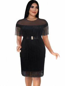 Ontinva Black Tassel Dres Plus Size 4xl O Neck See Seel Seel Seel Seel See