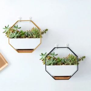 Filmer Nordic Style Metal Rack White Ceramic Vase Planter Pot Octagonal Geometric Wall Hanging Ceramic Vases For Flowers Bamboo Tray