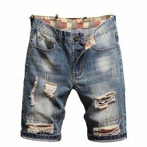 Летние мужские рваные джинсовые короткие джинсы с рваным дизайном Свободные прямые капри Повседневный дизайн для нищих Хип-хоп Короткие брюки больших размеров c71F #