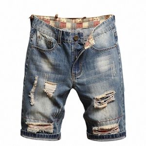 Jeans corti in denim con design a foro rovinato strappato da uomo estivo Pantaloni larghi dritti Capris Casual Beggar Design Hip Hop Plus Size Pantaloni corti c71F #